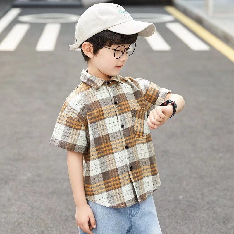 诺逗熊3-14岁男童棉短袖衬衫夏装新款小清新儿童洋气格子衬衣男宝宝