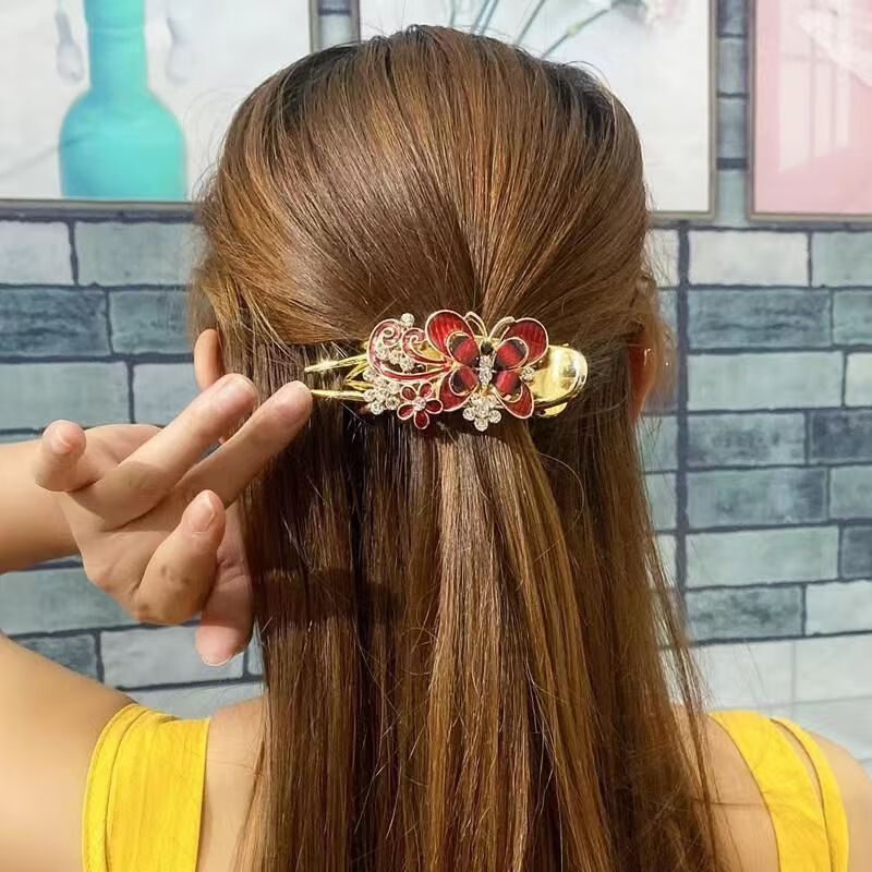 蝴蝶发夹女三齿夹盘发喜婆婆头饰妈妈发卡韩式水钻优雅女士鸭嘴夹 三