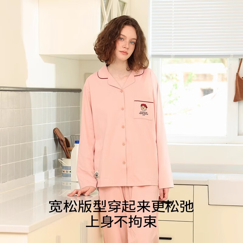 TEENIE WEENIE小熊棉睡衣女款春秋2024年新款情侣长袖家居服套装 【长袖长裤】女款开襟-樱粉 S