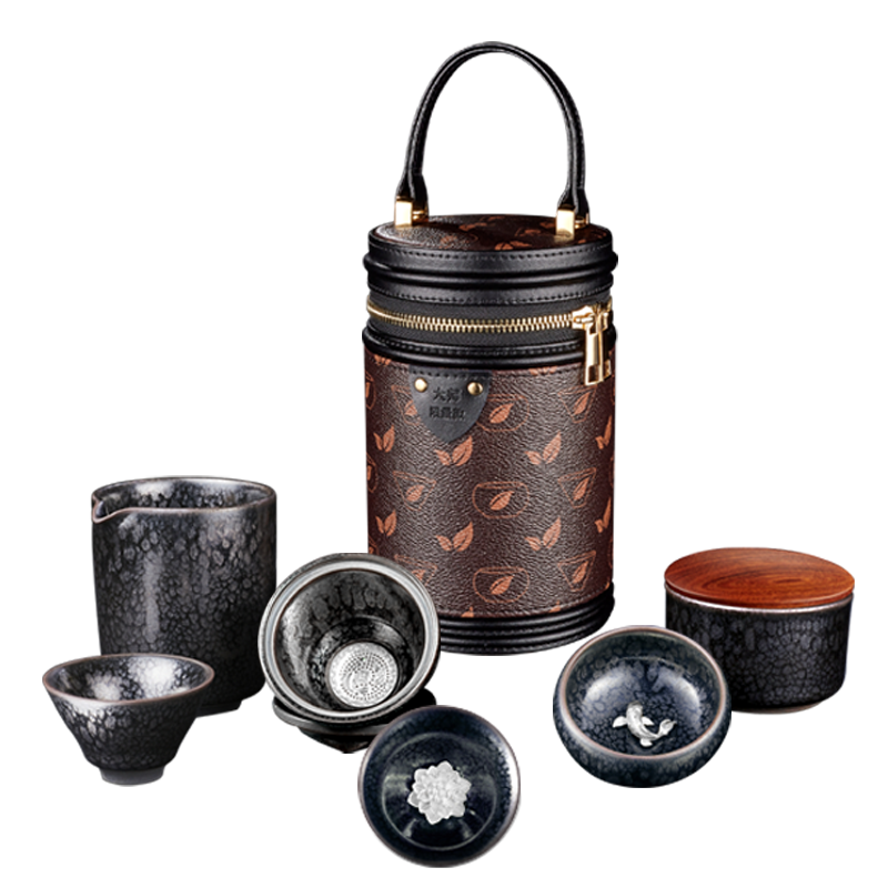 甲盏窑 李甲栈天目银瓷旅行茶具套装便携包 一壶三杯999纯银过滤 天目银瓷旅行套装