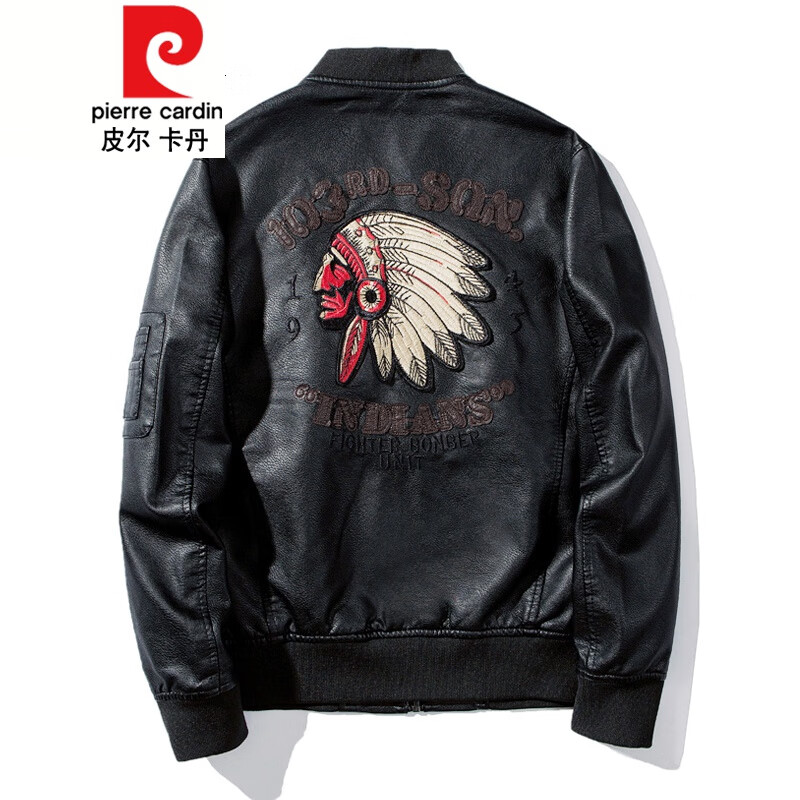 皮尔卡丹（pierre cardin）印第安人刺绣男士皮衣加绒加厚帅气皮夹克男机车服飞行员潮流外套 2035黑色【加绒款】 棒球领 M 建议90-105斤