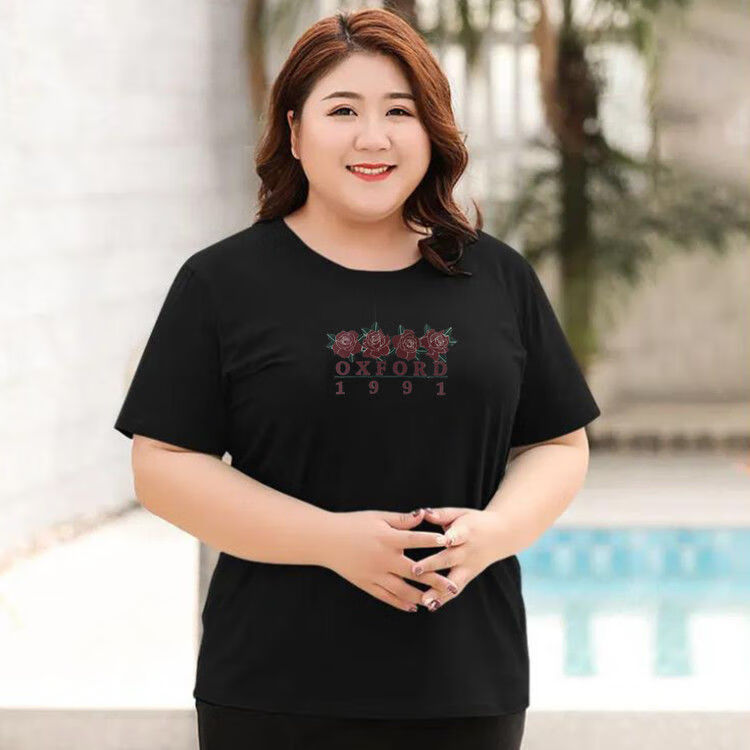 胖女生mm夏天半袖新款大码女人胖mm半袖宽 四朵玫瑰黑色 xl 110-140斤