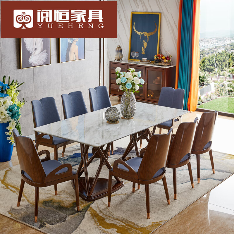 阅恒现代轻奢新款大理石长桌家用乌金木色1.8米2米2.2米2.4米饭桌后现代蓝色大户型长条桌子白色面 1.8米餐桌1米宽不包椅