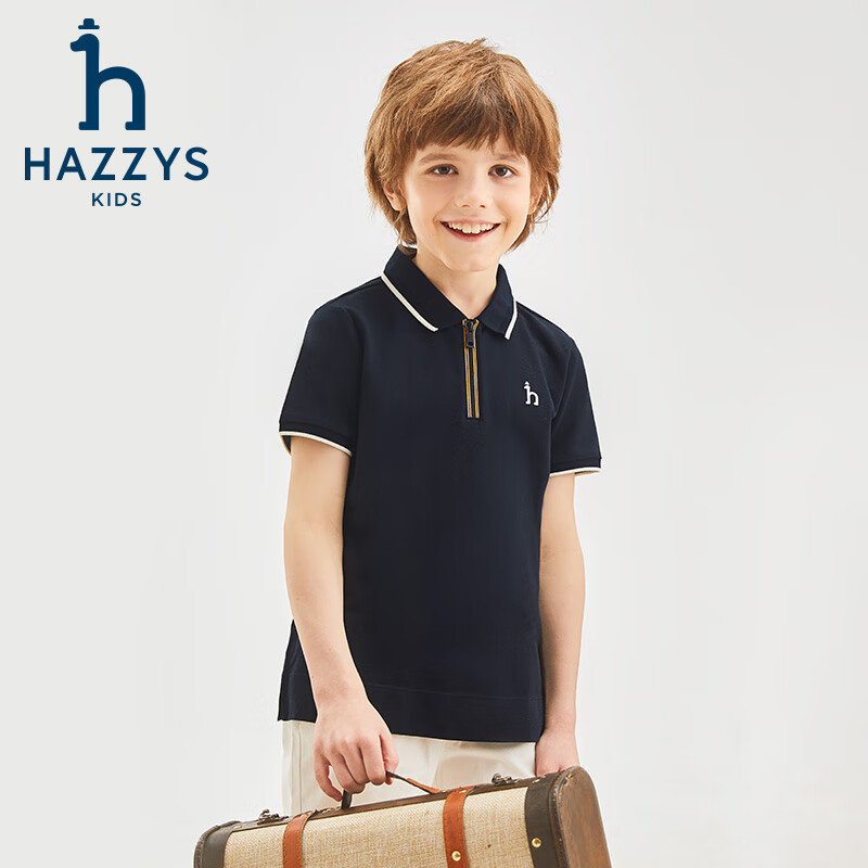 哈吉斯(HAZZYS)品牌童装男童短袖夏季新品柔软弹力经典翻领撞条短袖POLO衫 米白色 165cm