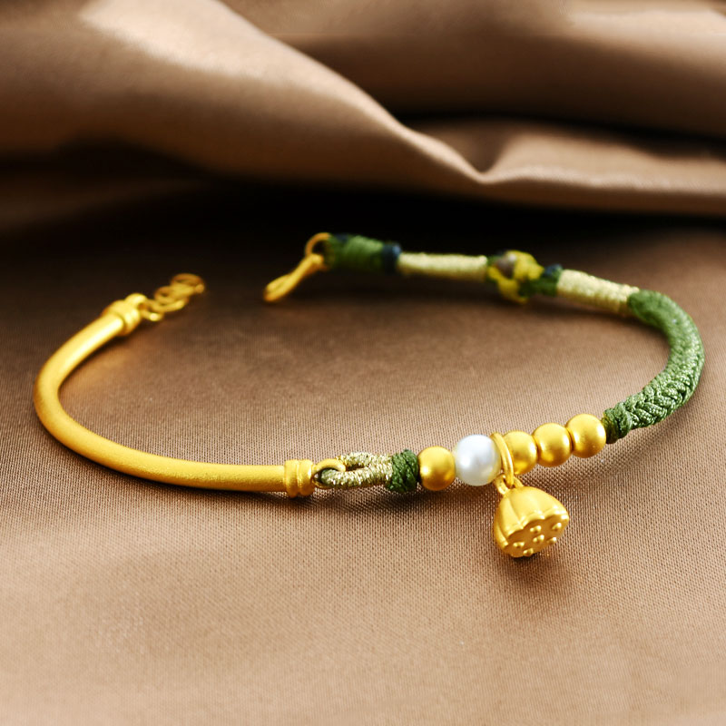 匠蕴黄金手链女足金999新款莲蓬珍珠转运珠弯管半镯编绳清新气质送礼