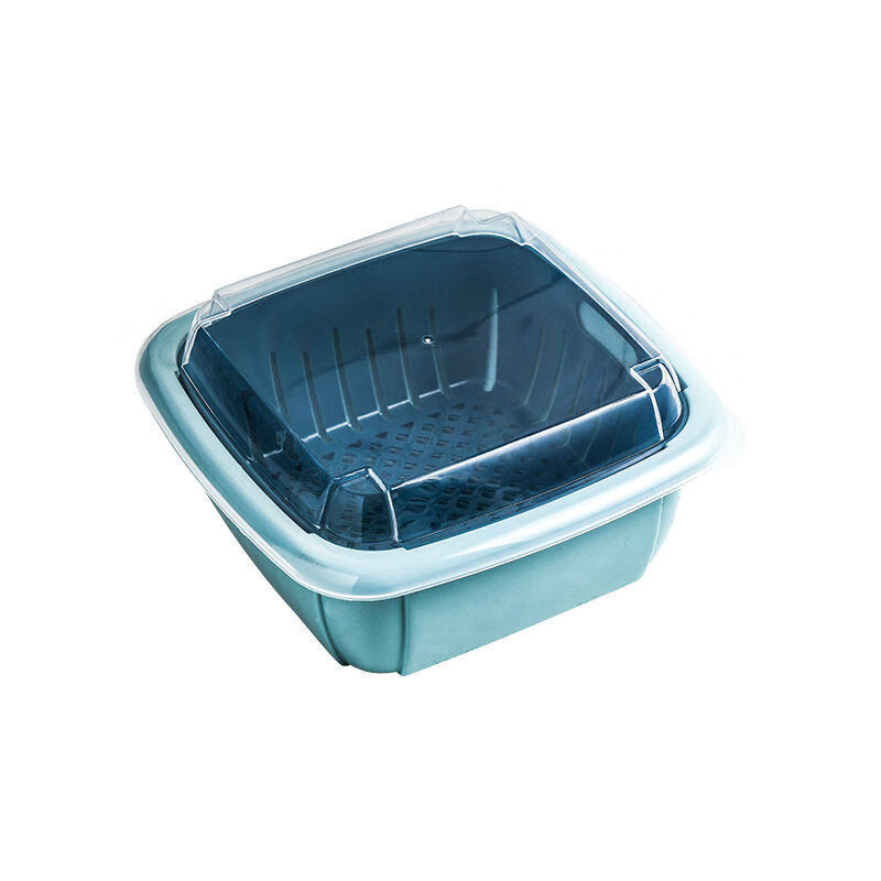 沸福双层沥水篮冰箱保鲜盒多功能家用厨房蔬菜水果塑料洗菜盆带盖 青色【1个装】