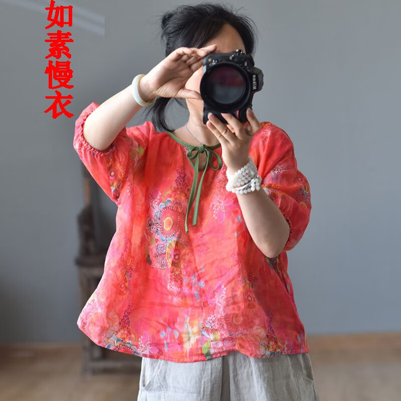 如素慢衣文艺苎麻印花宽松圆领系带泡泡袖短袖衬衫女21213 红花系