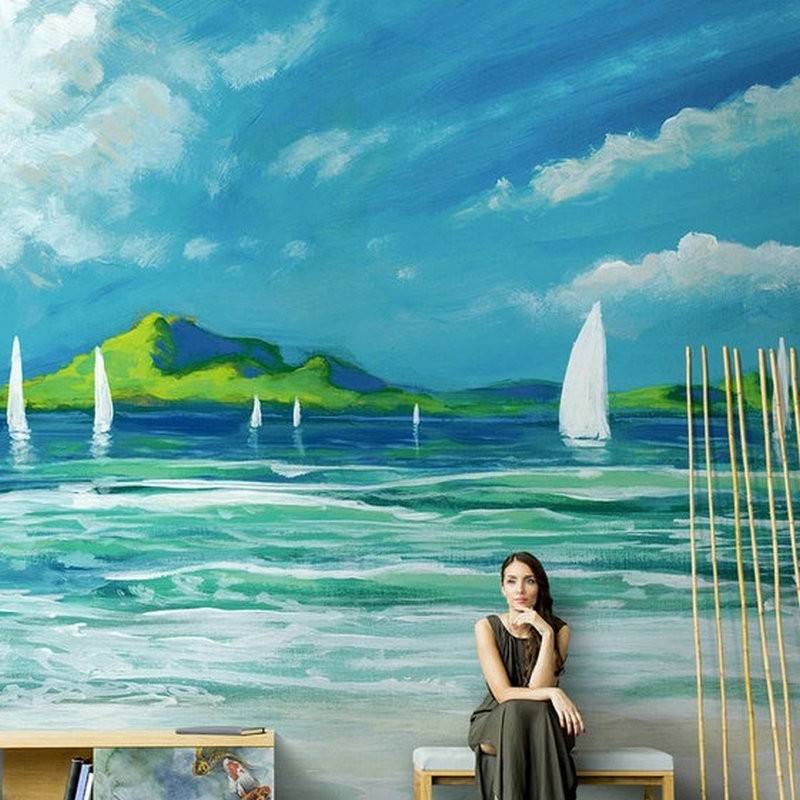 伊尔雅 北欧油画风景墙纸海景帆船图案壁纸客厅电视背景壁画墙纸卧 3d