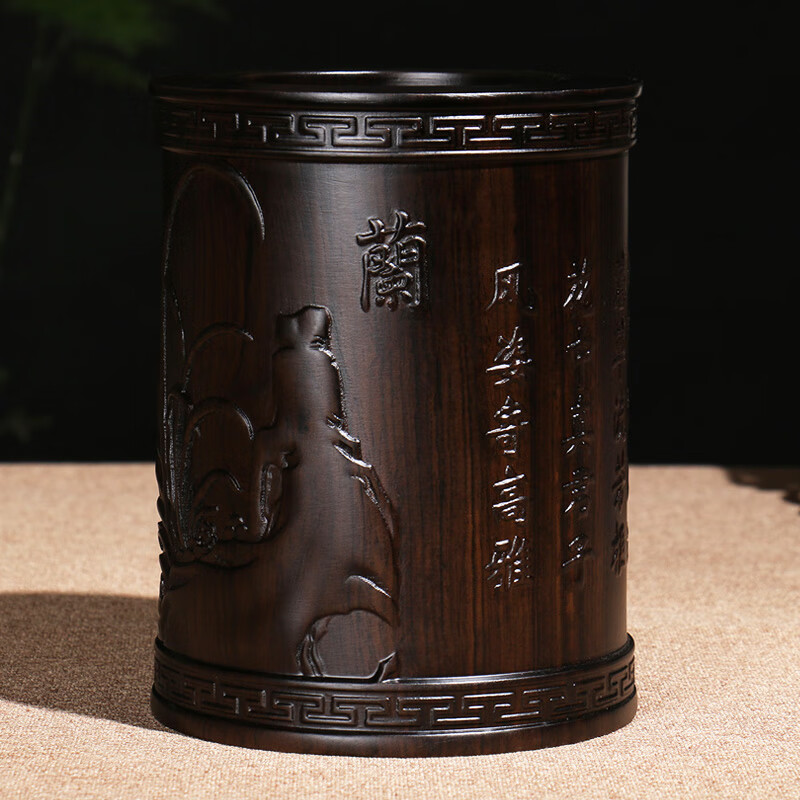 臣埠浮雕实木笔筒摆件木色木雕兰花笔筒木质办公室桌面摆件商务办公企