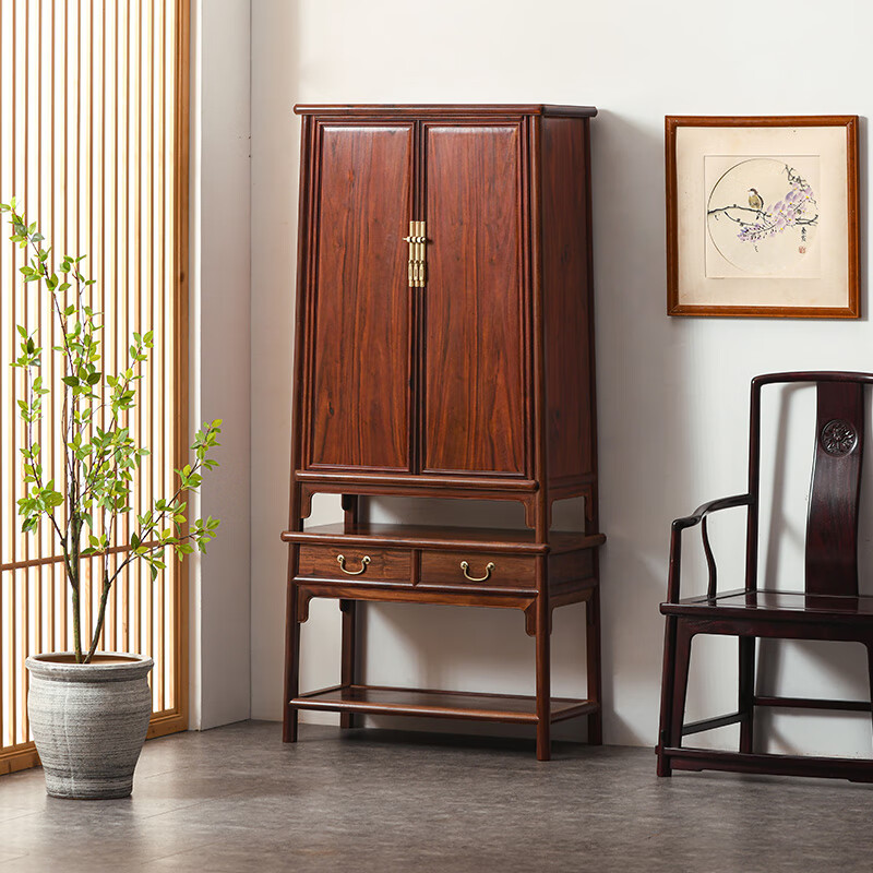 宋韵血檀(学名:染料紫檀)圆角柜中式置物柜书柜带几座储物柜 带几座