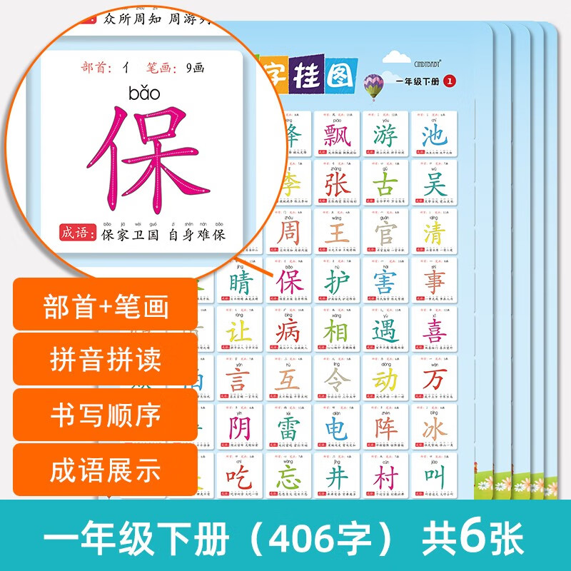 幼儿童墙贴宝宝认字一年级数字拼音 一年级下册同步识字挂图 共6张