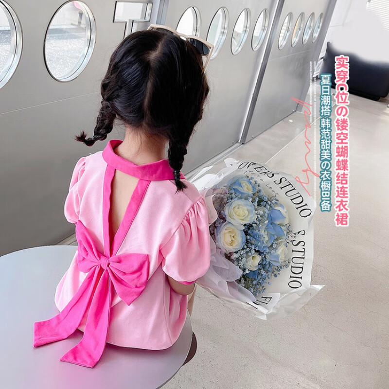 水花童女童连衣裙夏装2023时髦新品小女孩polo裙儿童洋气蝴蝶结公主