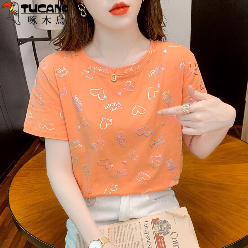 啄木鸟高档品牌棉短袖t恤ins潮夏季女装2023年新款韩版印花设计感时尚宽 橘色 M