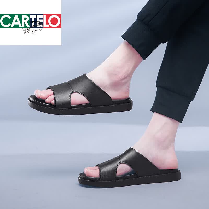 卡帝乐鳄鱼(CARTELO)2026夏季新款手工凉拖男真皮超软外穿百搭凉鞋透气头层牛皮拖鞋轻 黑色 40