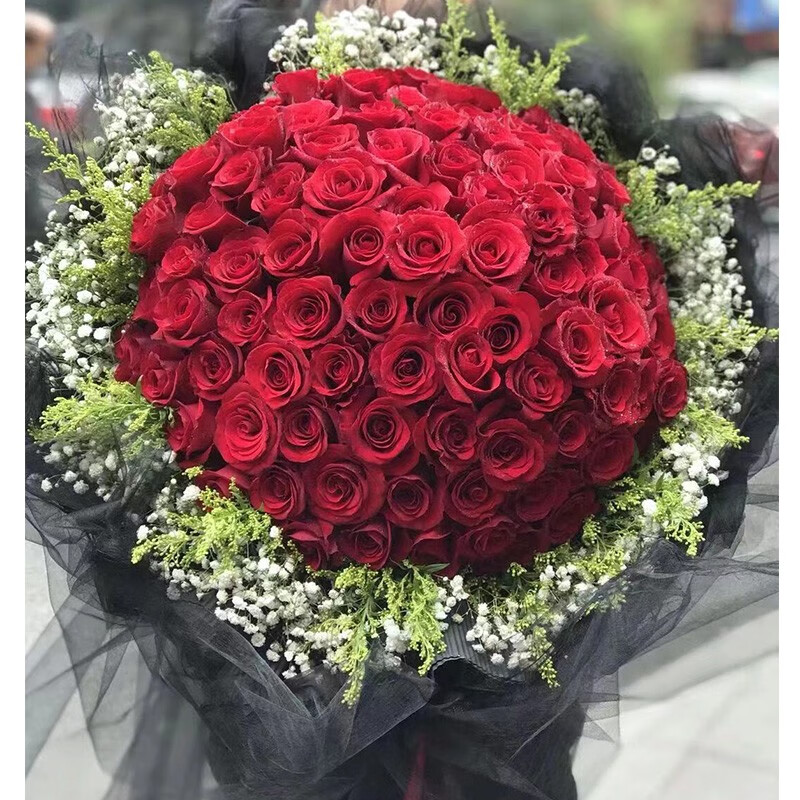 99朵红玫瑰花束情人草 同城配送 支持预约日期