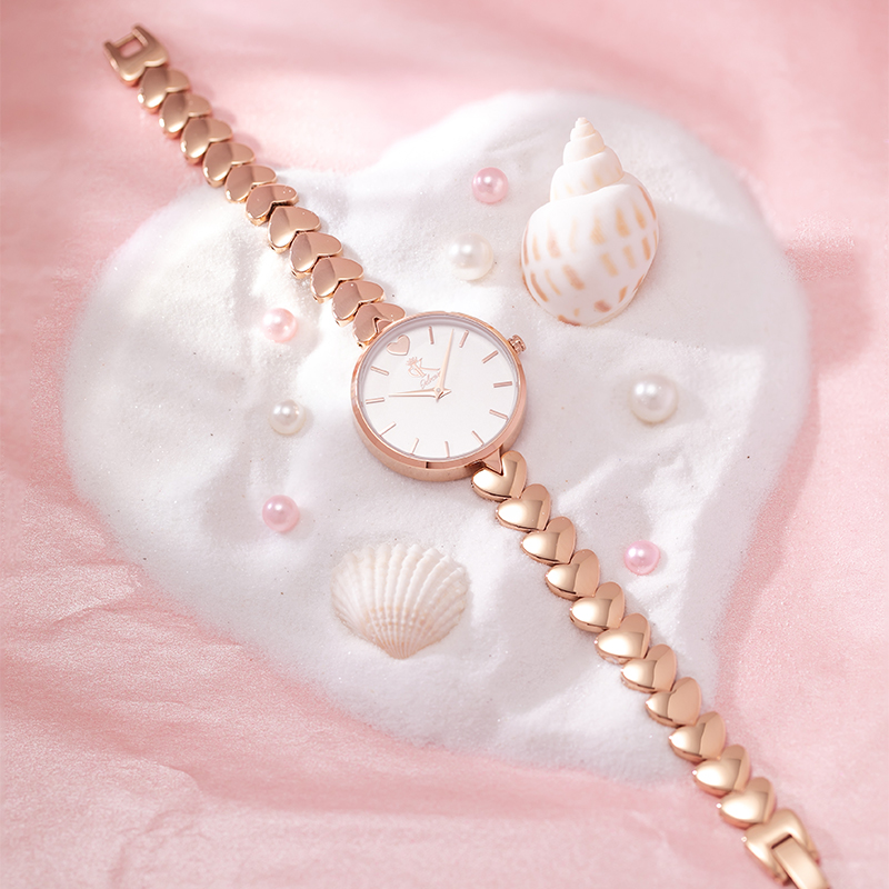 DK爱心表女士手表女简约石英表七夕新年生日情人节礼物送女友老婆 爱心钢带-玫瑰金色