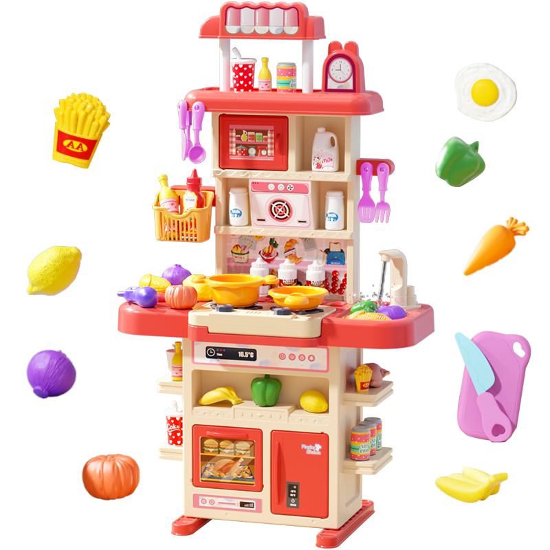 奥智嘉儿童过家家厨房玩具男女孩可出水喷雾厨台做饭套装切切乐餐具台红