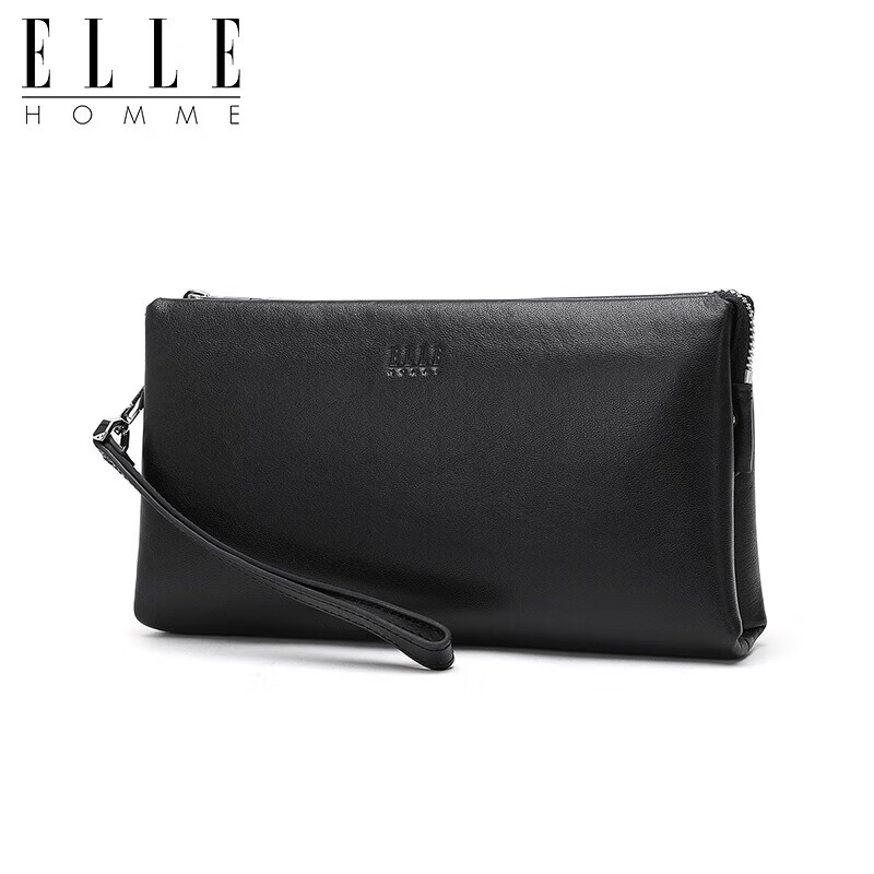 ELLE HOMME男士手包 平纹头层牛皮拉链钱包大容量手拿包时尚男包EB282300350黑色 生日礼物送男友