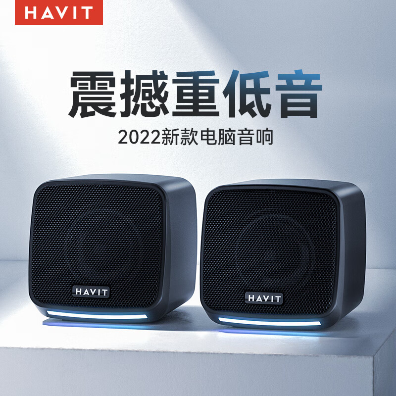 海威特（Havit）A20电脑音箱音响有线小型迷你USB台式机笔记本电脑桌面家用多媒体低音炮 黑色 标准版-线控无灯光无蓝牙
