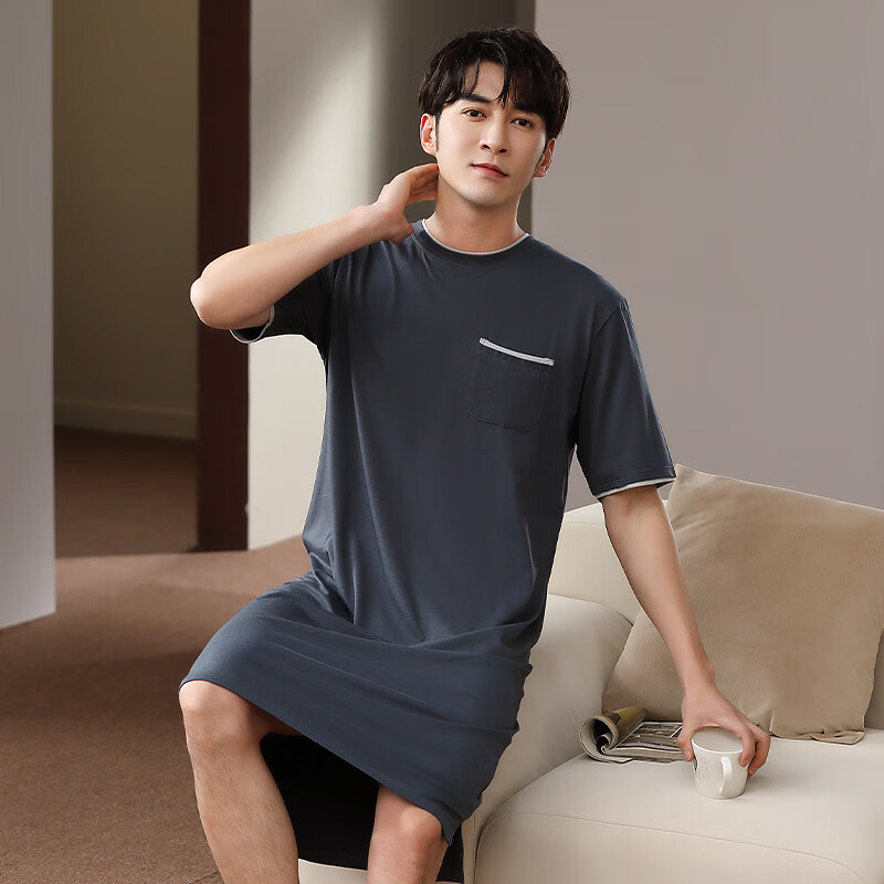 亦绚 睡裙男夏睡衣莫代尔大码220斤感睡袍夏季男士睡裙长款冰丝短袖薄