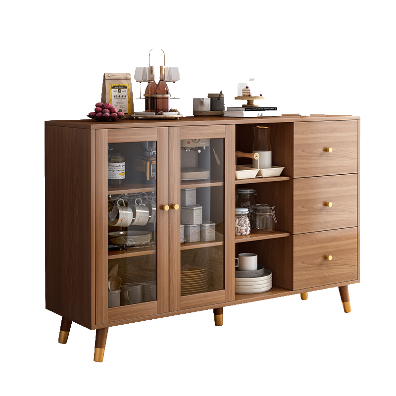 新中式餐边柜酒柜客厅玻璃碗柜储物置物经济款现代简约茶水柜子 140*36*95cm郁金檀木色 多元布局 加长台面