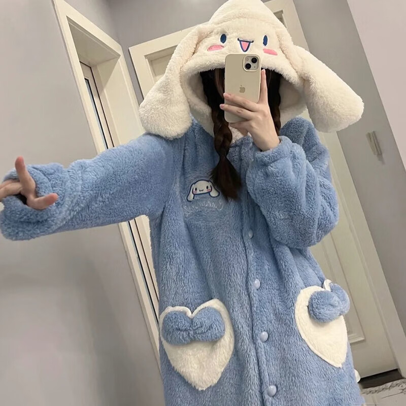 诗莉奥(SHILIAO)加厚睡袍卡通长款可外穿家居服睡衣女冬季睡袍加厚冬天可爱浴袍 玉桂狗睡袍+裤子 均码 (建议80-160斤)
