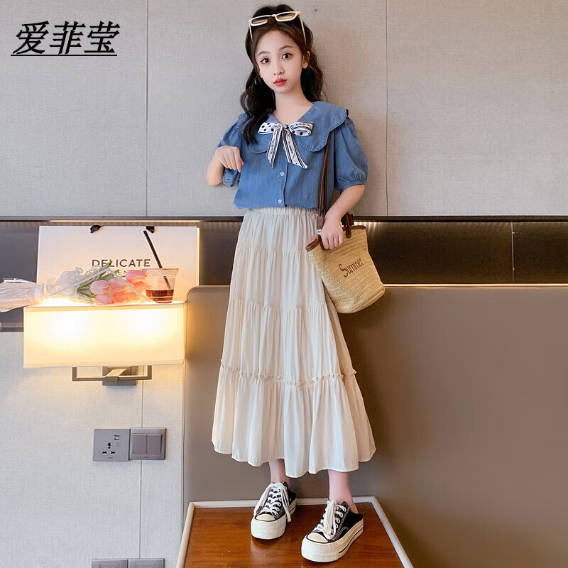 愛菲瑩小學生衣服女9-12歲時尚裝夏季夏天的衣服女生小女孩衣服11至13歲 藍色【襯衫+半身裙】 160 cm(160cm)