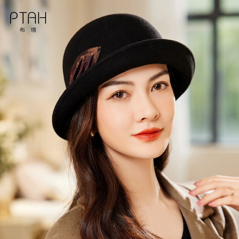 布塔百搭羊毛帽子女士秋冬法式礼帽爆款圆顶短檐冬季保暖毛呢帽 黑色