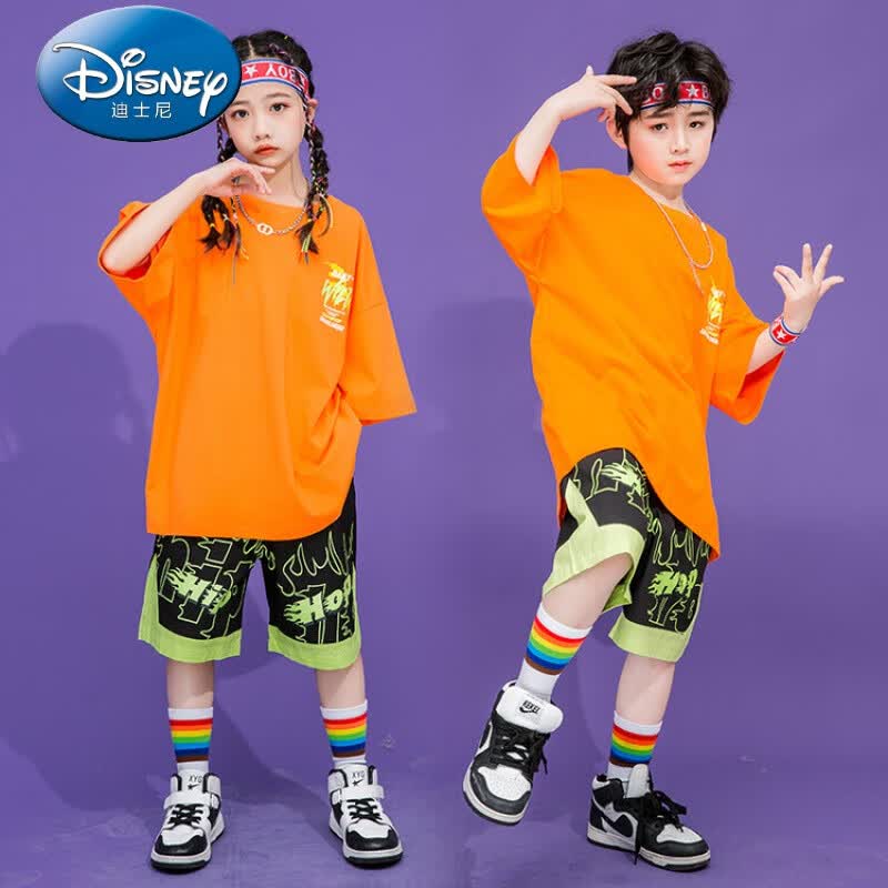迪士尼（Disney）少儿嘻哈演出服女孩爵士舞服男孩走秀衣服街舞潮牌架子鼓宽松套装 桔色 130cm怎么看?