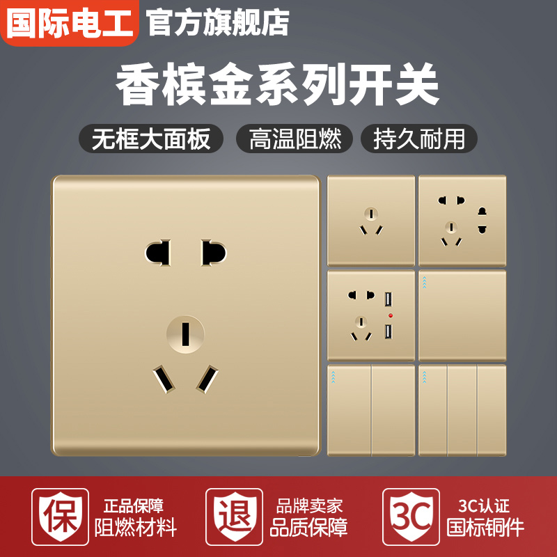 国际电工86型家用墙壁开关插座面板套餐多孔USB暗装一开带5孔五孔香槟金 五孔插座
