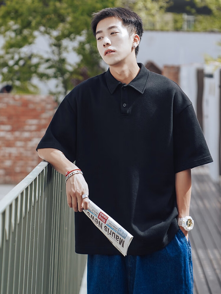 妙优可2024新款polo衫男夏季薄款日系潮流宽松大尺码学生上衣服 黑色