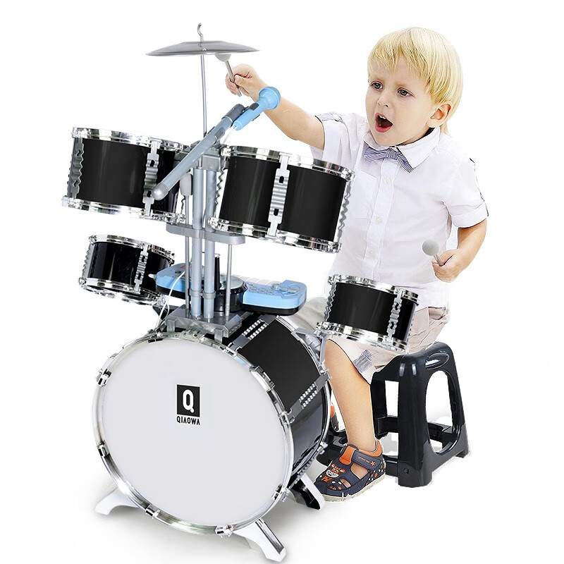 儿童玩具架子鼓初学者玩具乐敲爵士鼓3-4-5-6-7-8岁男孩礼物 升级版大号黑5鼓1镲+DJ电子琴+话筒+手机支架