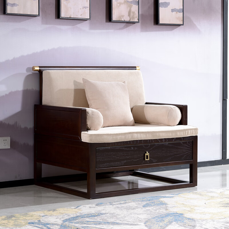 一米风白蜡木实木客厅客厅沙发 简约现代布艺办公沙发 新中式家具 (白蜡木)单人位