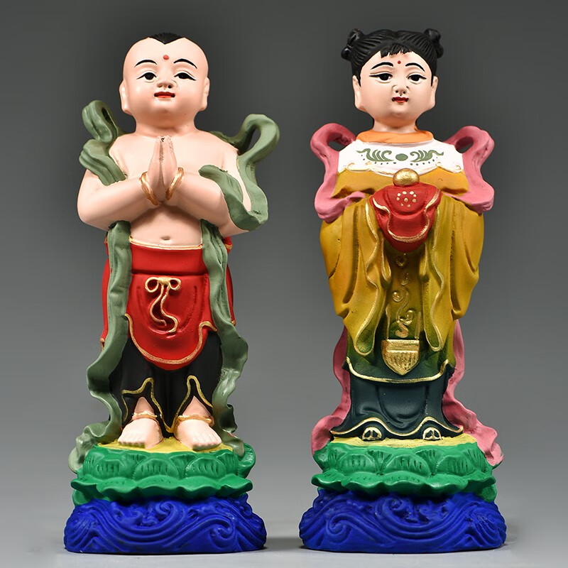 仙纵花梨实木雕刻金童玉女摆件善财童子龙女家居客厅供奉佛像结婚送礼