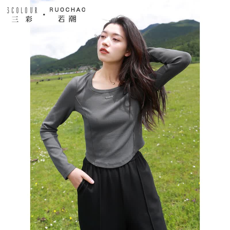 三彩大码女装2023秋季新款纯色坑条T恤鱼骨线弧形下摆修身胖MM 灰色 L高性价比高么？