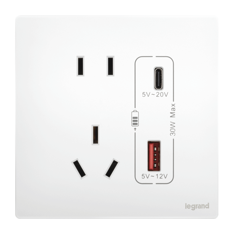 罗格朗开关插座面板未莱陶瓷白家用86型暗装五孔USB多孔墙壁5孔电源开关 五孔USB A+C 30W充电插座