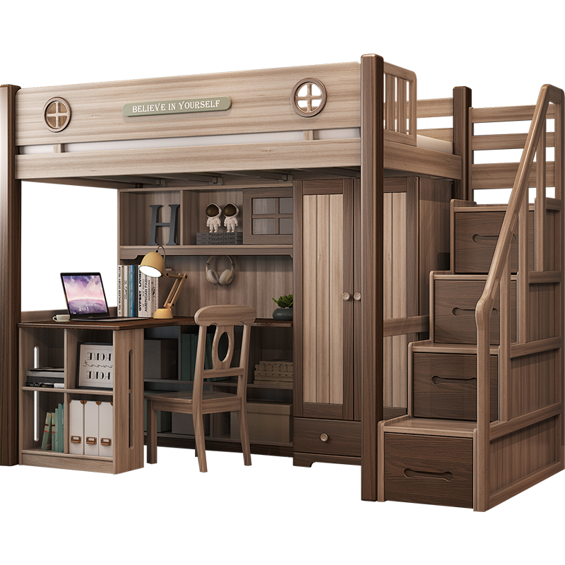 格杰 全实木儿童床上床下桌上下床高低床带书桌一体小户型省空间多功能组合床 木蜡油 床架+1.2米书桌(不含椅)+0.8衣柜+梯柜 120*200cm