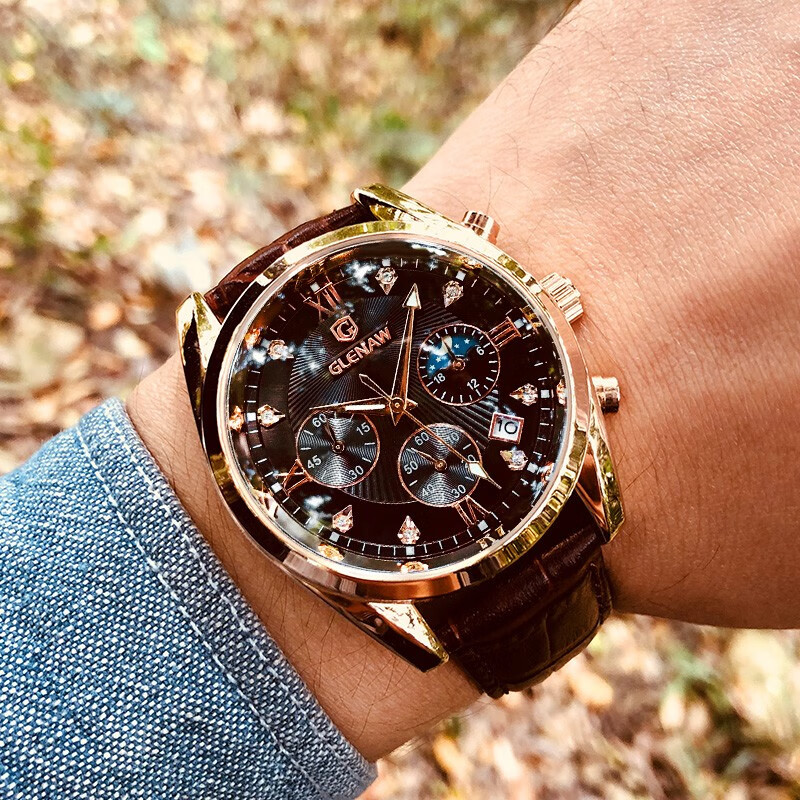 格伦(glen)手表男士青少年学生夜光防水镶钻机械风电子石英男表潮流