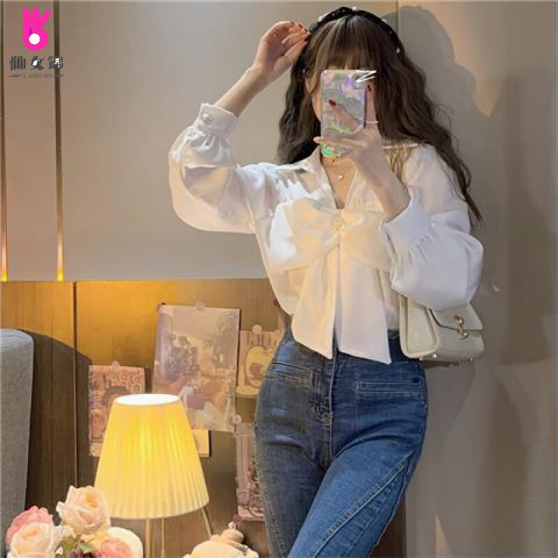 仙女锦蝴蝶结感v领白衬衫女春装2024款法式小众气质减龄长袖上衣 白色