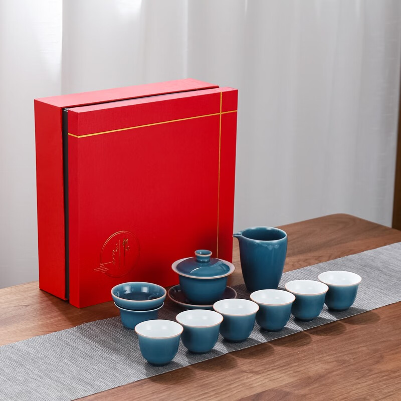 苏客 茶具套装陶瓷家用简约办公室茶壶茶杯盖碗茶碗泡茶功夫茶具礼盒装 盖碗套装(霁蓝)