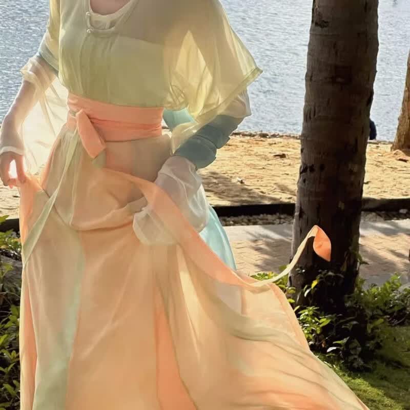 祈珏剪标款汉服唐制女春夏日常款青意一片式齐腰破裙 内衫外衫披帛