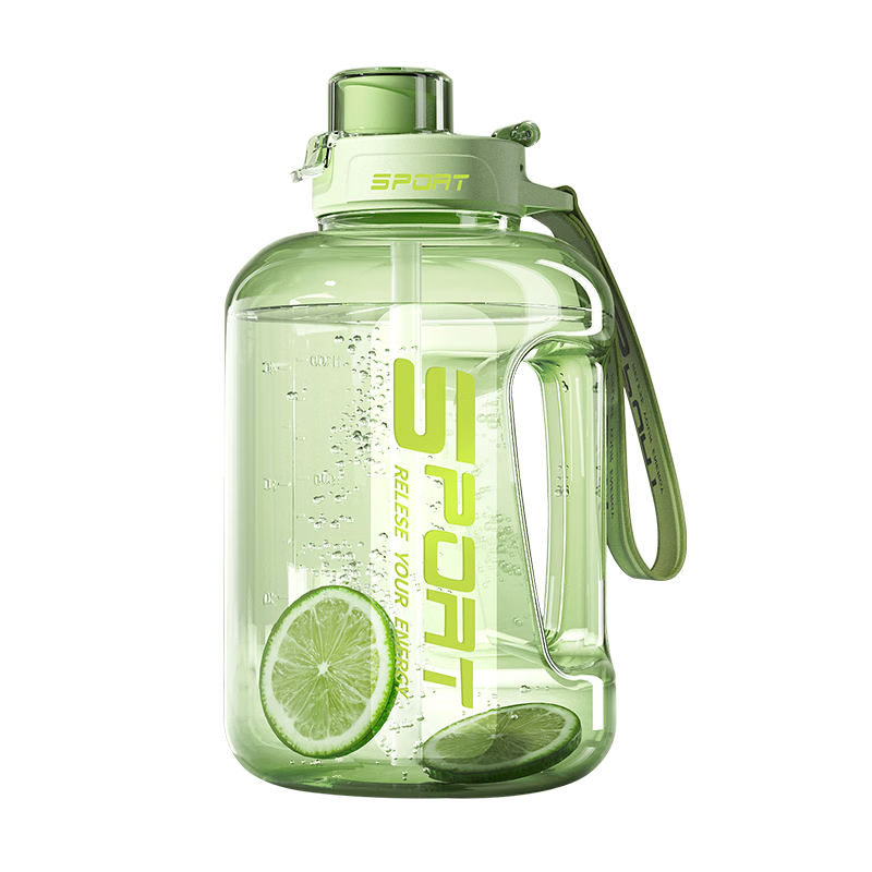 贝因美超大容量塑料杯水杯刻度吸管运动户外大肚水壶杯子便携吨桶1.7L 1.7升太空杯-绿