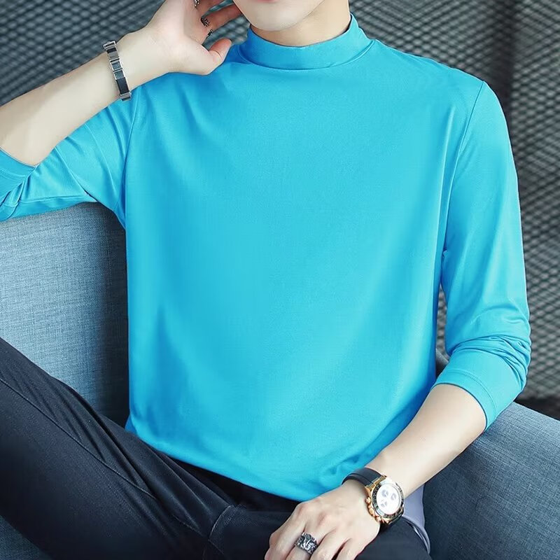 长袖t恤男装秋季半高领内搭打底衫修身中领内衣男青年秋装衣服男 青色