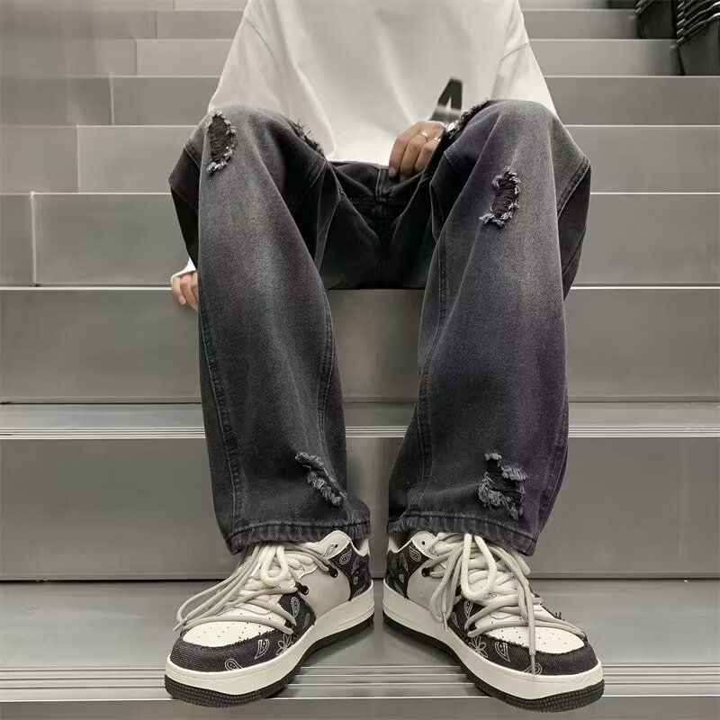 尡韻國潮牛仔褲破洞潮ins高街男毛邊十字架vintage復(fù)古黑色休閑長褲子 黑色 S