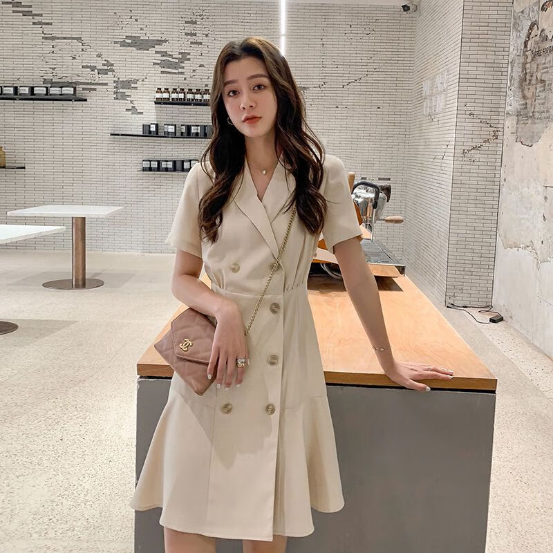 宫柒尓见家长衣服女大气温柔风连衣裙淑女气质职业收腰双排扣修身甜美