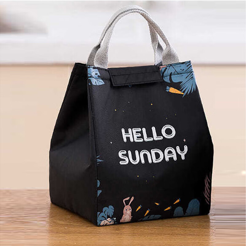藏猫猫饭盒手提包保温袋铝箔加厚大号大容量便当袋手提包可爱带饭的袋子 黑色
