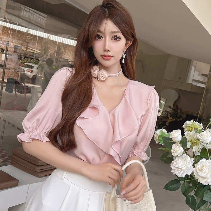 粉红大布娃娃衬衫女夏荷叶边v领 嫩粉色 均码