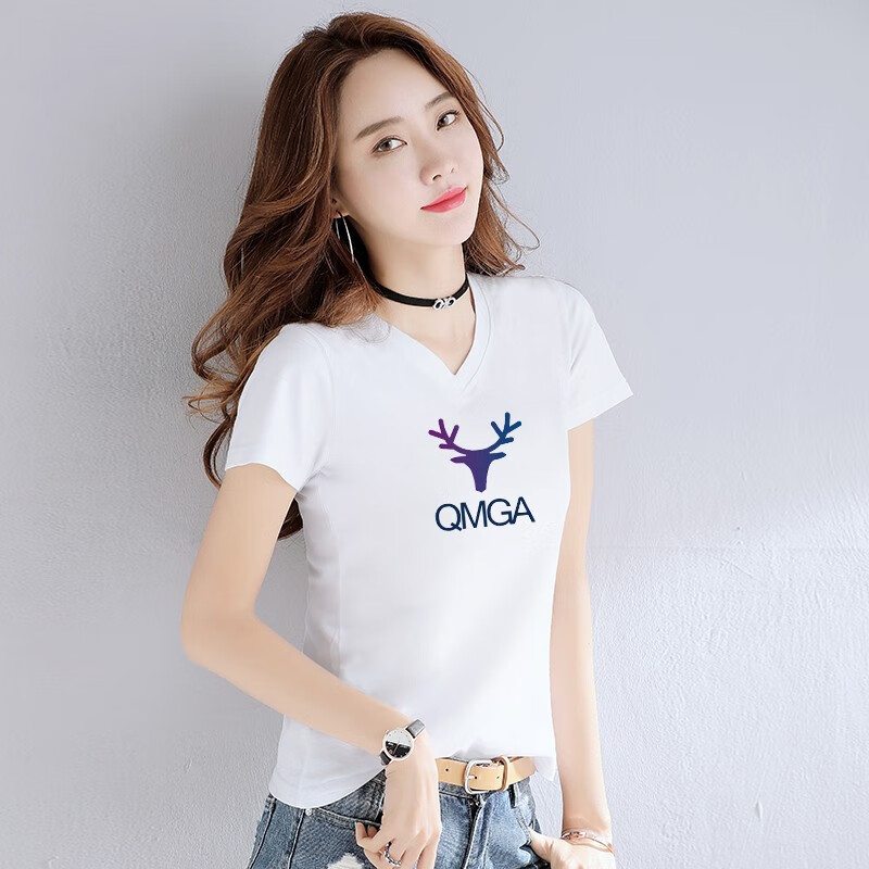 炫美印记 95%棉V领短袖T恤女2020夏季新款休闲时尚鸡心领上衣韩版修身打底衫 白色 XL