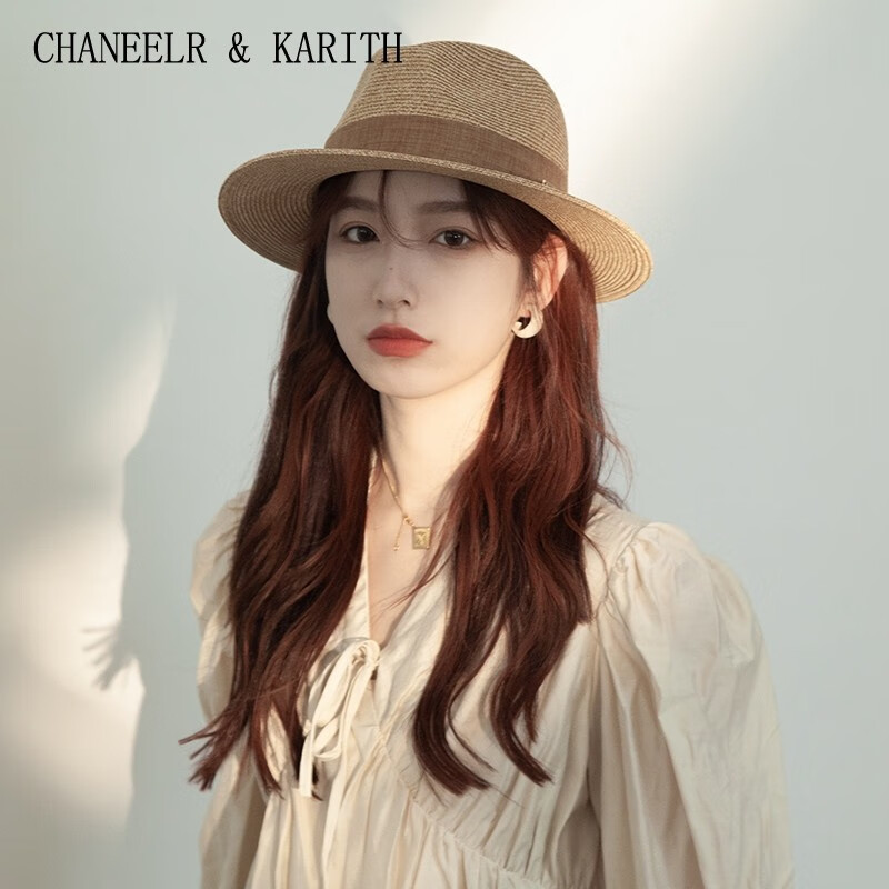 CHANEELR & KARITH防晒帽复古草编帽女夏季防紫外线度假草帽英伦礼帽海边沙滩遮阳帽 黑色 织带 M(55-58cm)