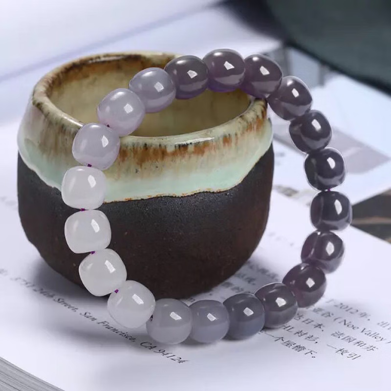 诗栀o紫罗兰手串和田玉老型珠烟紫渐变色手串烟灰紫罗兰玉石桶珠手链